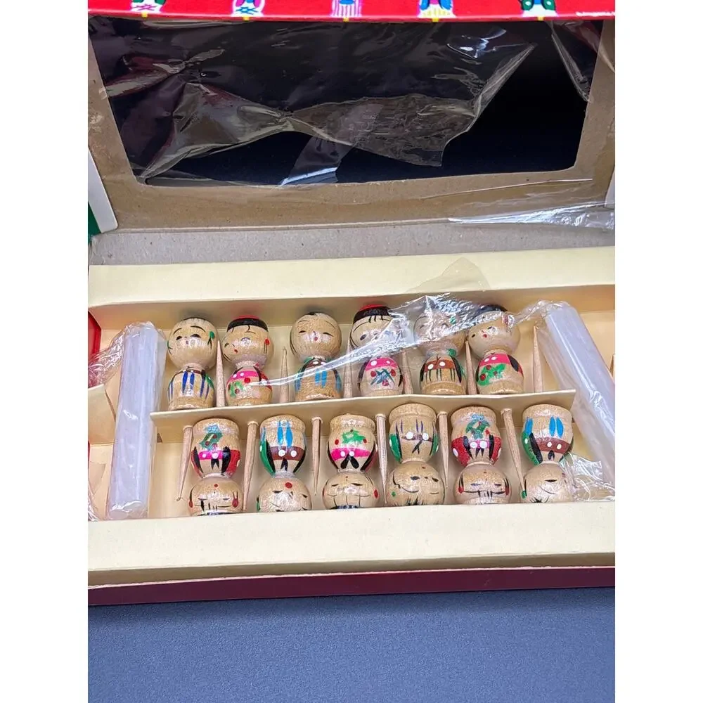 Vintage 1960s Hand Carved Kokeshi Birthday Candle Holders/Picks Set of 12 Japan